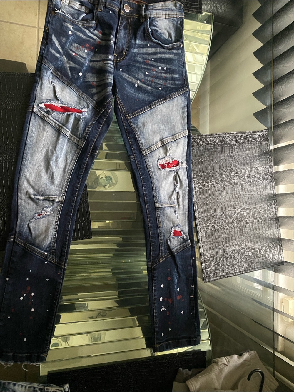 Distressed Dark Blue  Slim Jeans with Red Patch Detail